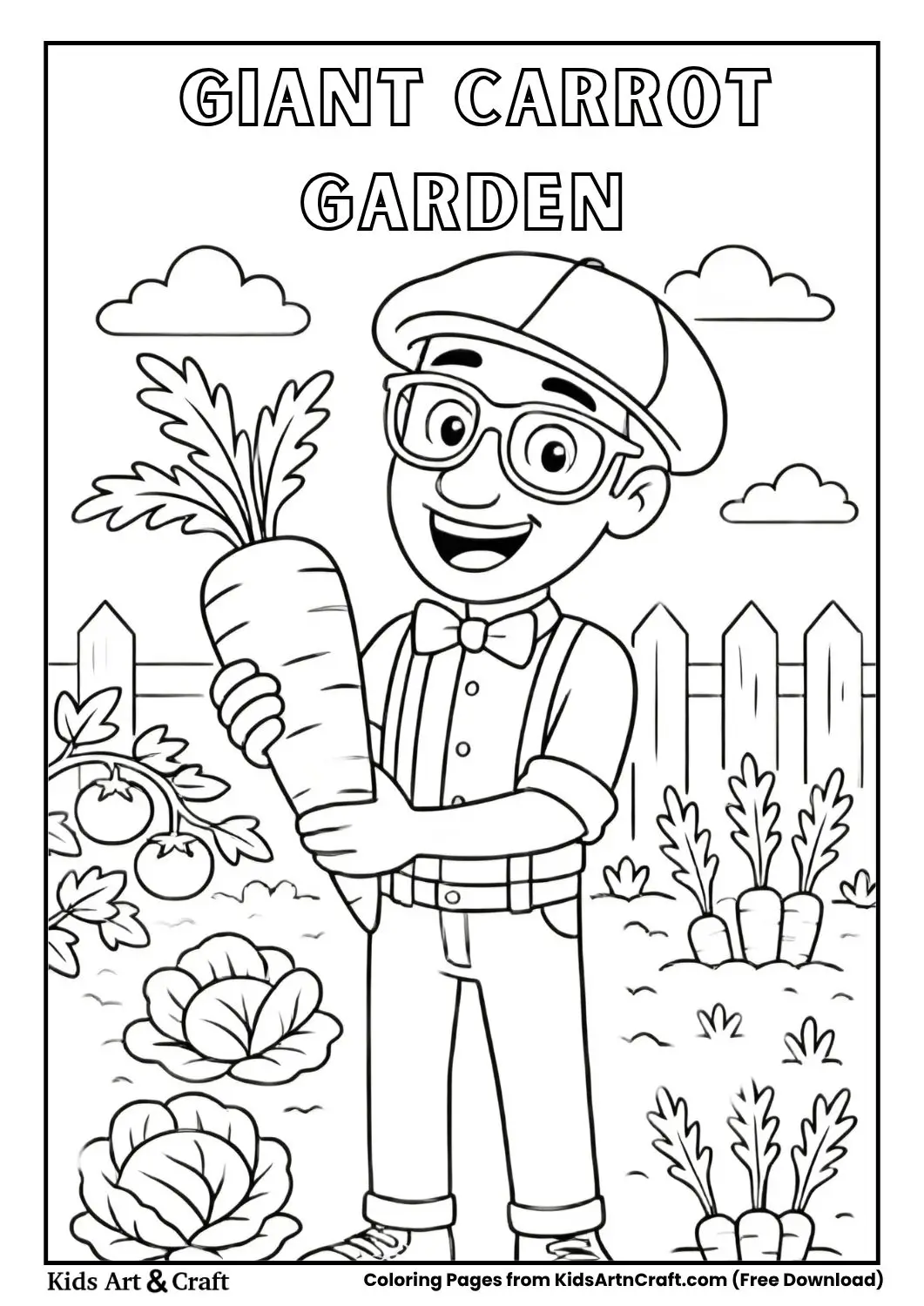 Cartoon boy holding a giant carrot in a garden