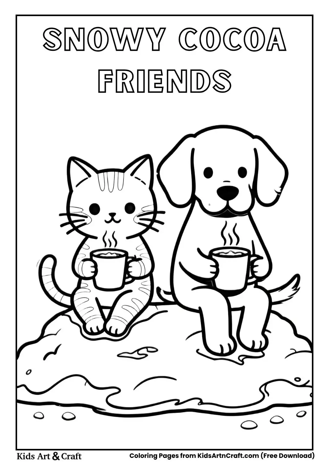 Cat and puppy in snow drinking hot cocoa