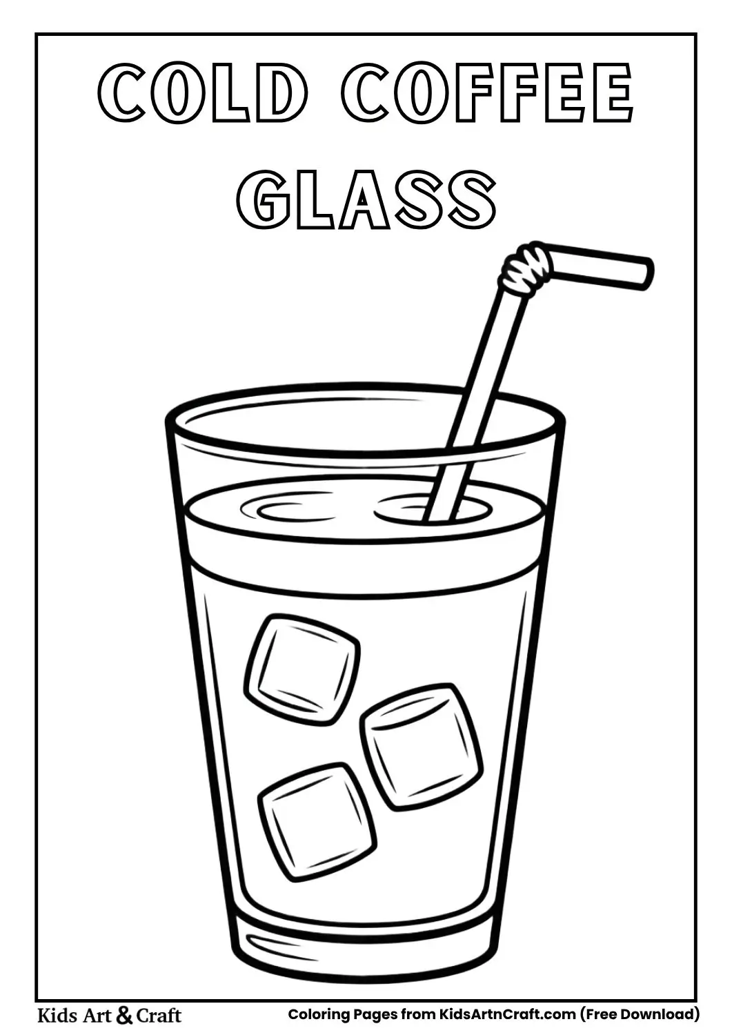 glass of cold coffee with ice cubes and straw coloring page
