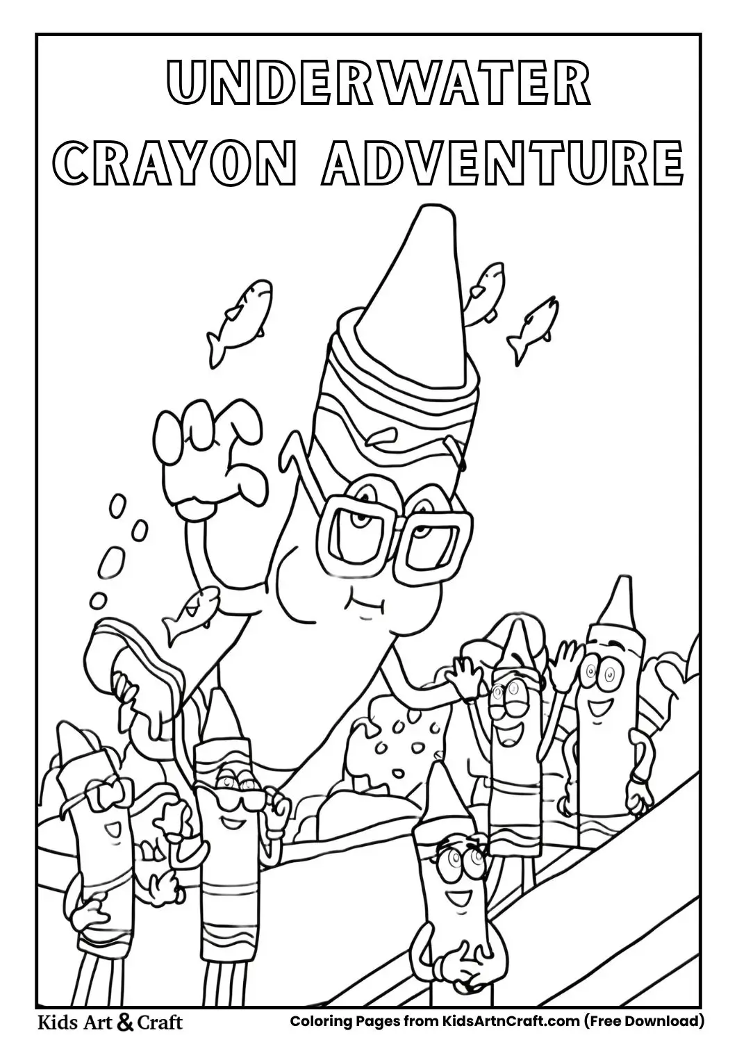 Large crayon underwater with fish and smaller crayons on stage