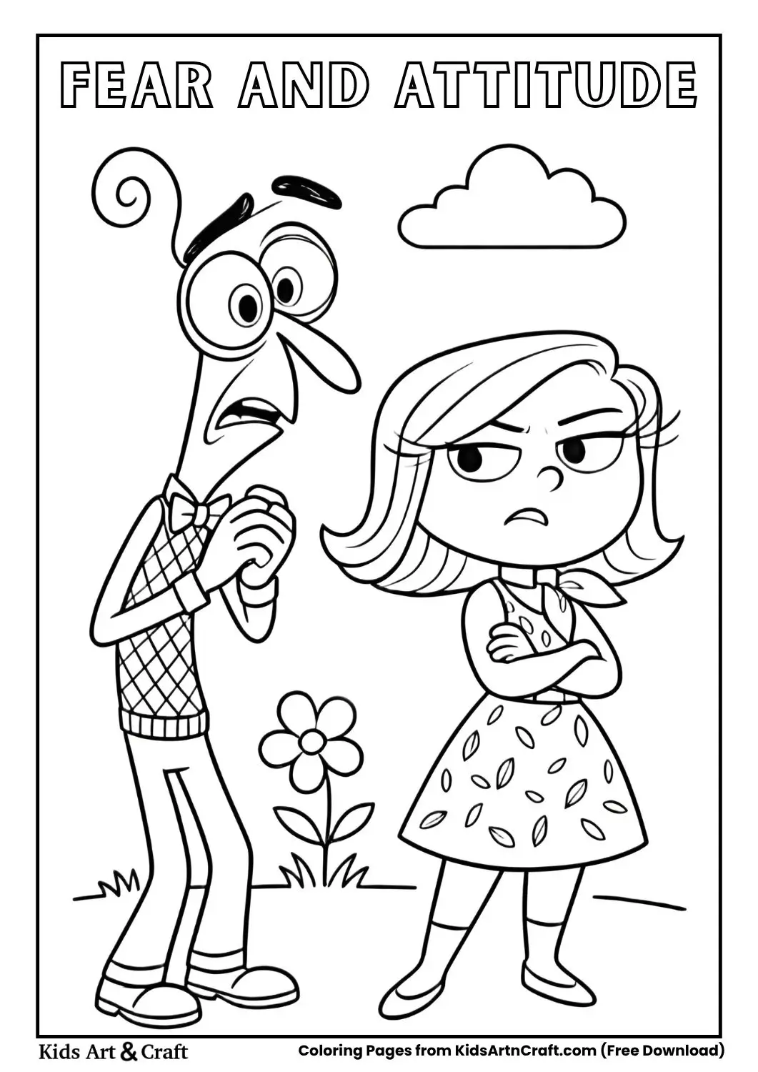 Fear character standing beside annoyed girl
