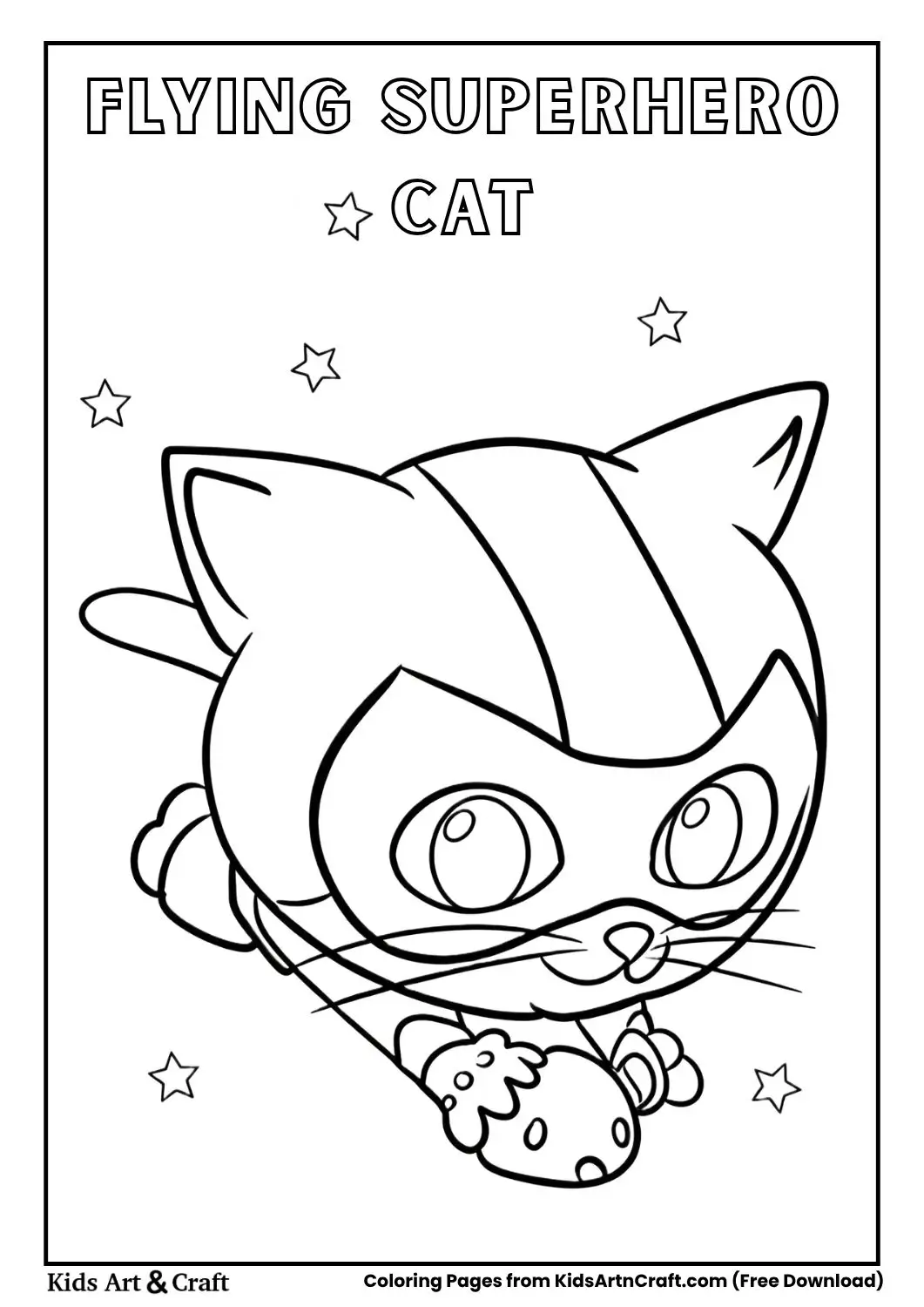 Cartoon superhero cat flying in a starry sky with cape coloring page