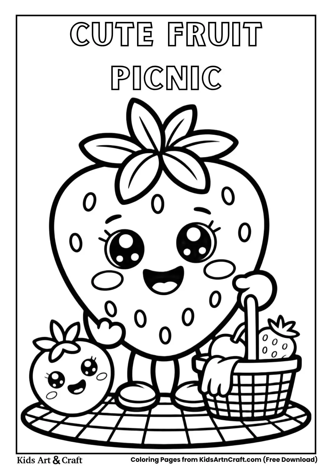 smiling fruits picnic scene kawaii coloring page for kids