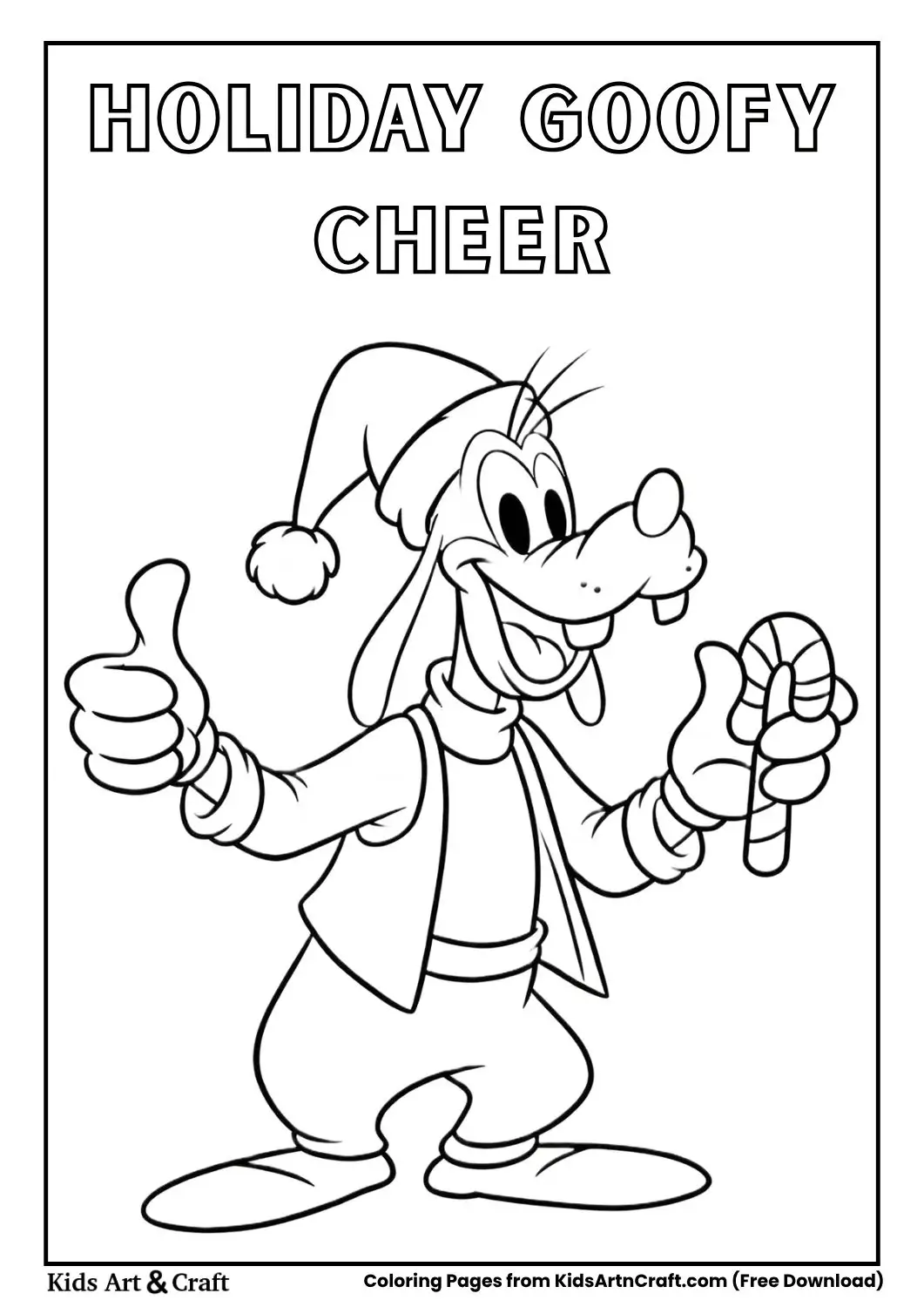 Goofy wearing a Santa hat holding a candy cane and giving thumbs up