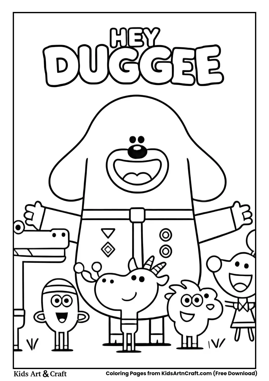 Duggee and friends posing together with show logo