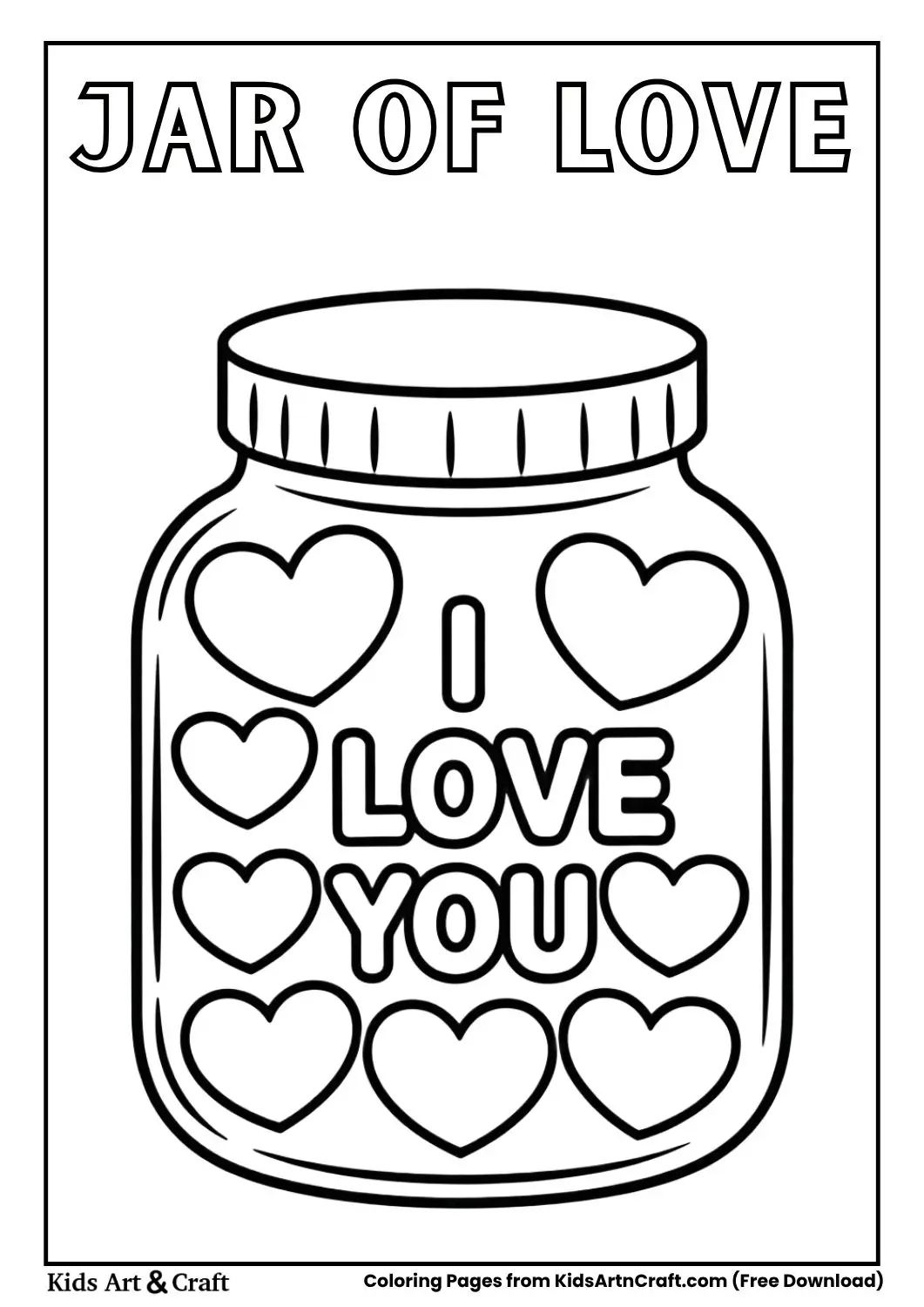 Jar filled with hearts and I Love You label coloring page