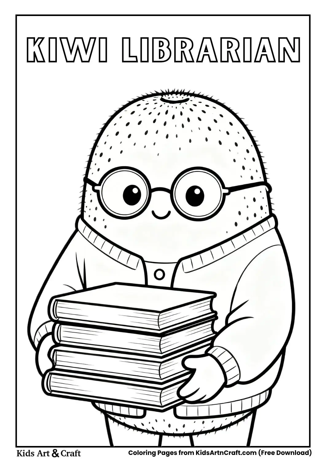 Kiwi fruit with glasses holding books coloring page 