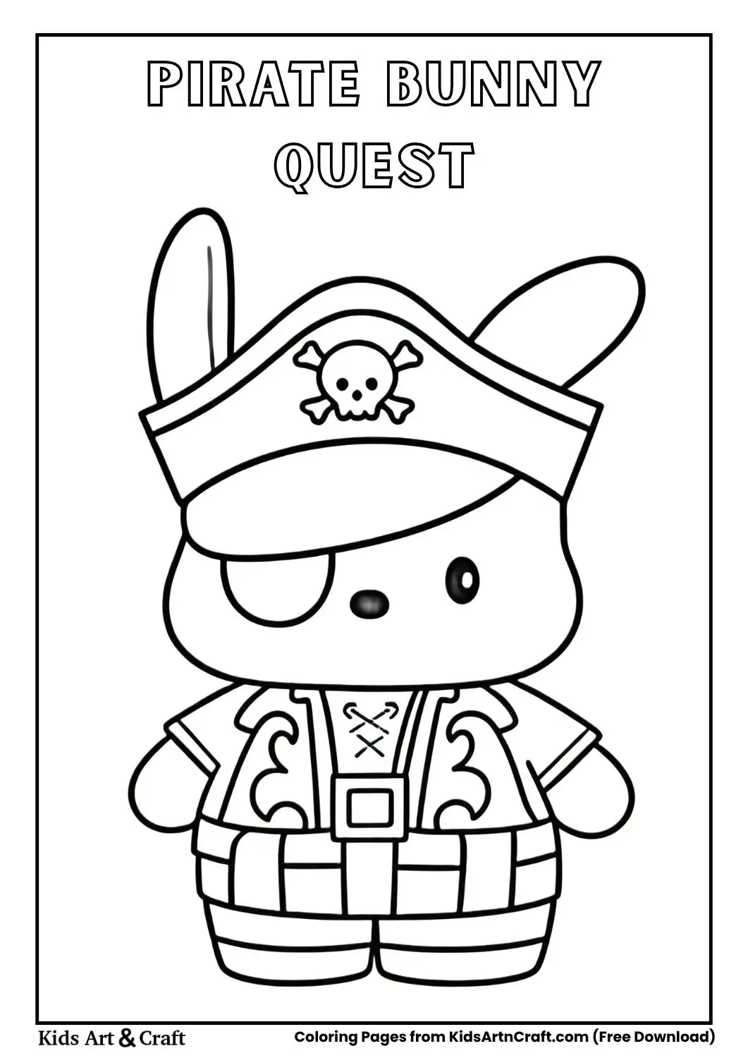 Bunny dressed as pirate with hat, eyepatch, and striped pants