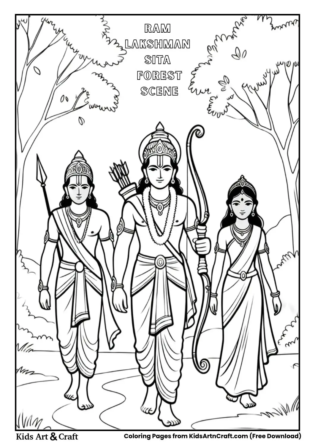 Ram Lakshman Sita walking in forest coloring page for kids