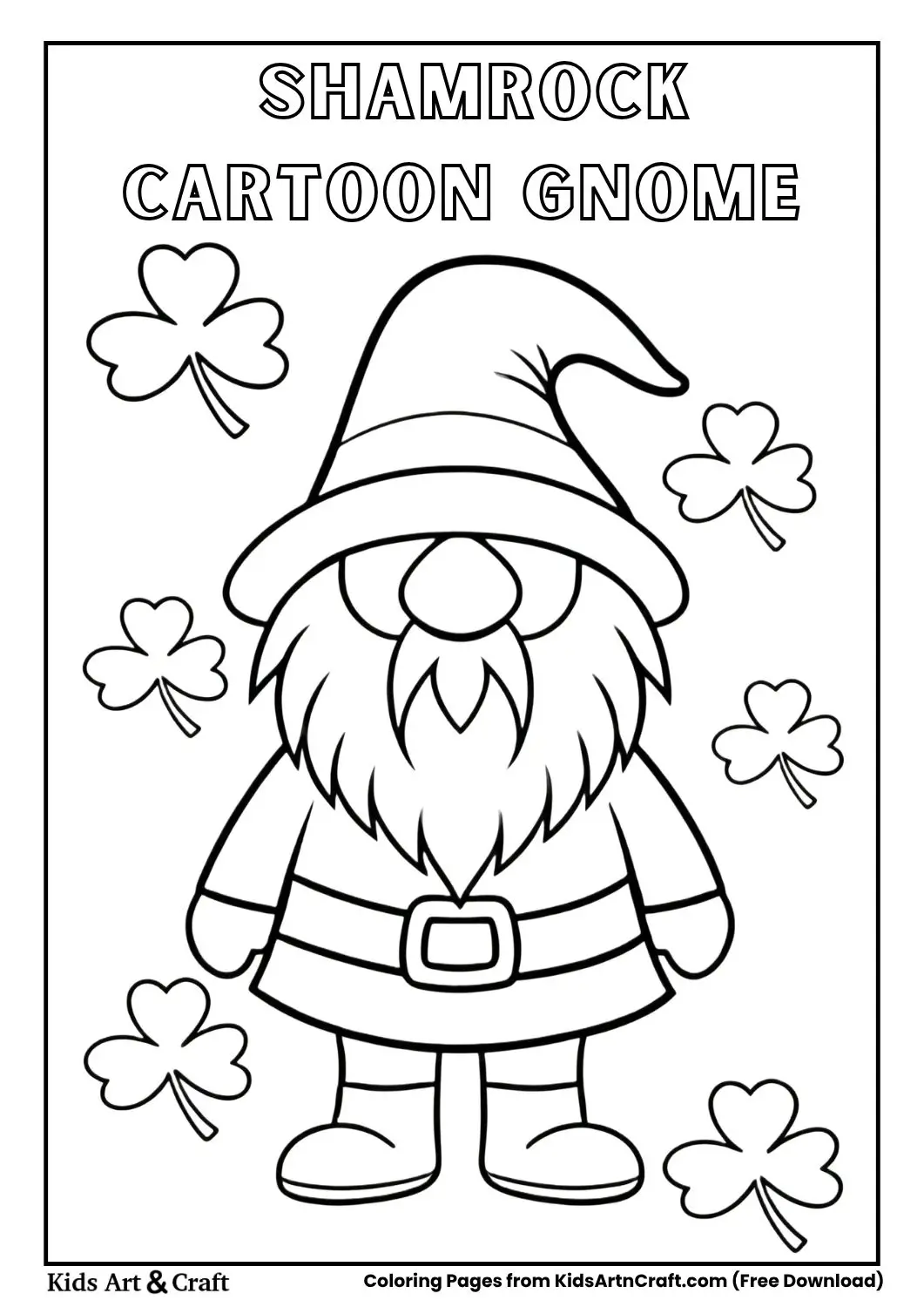 Cartoon gnome with shamrocks, wearing jacket and boots