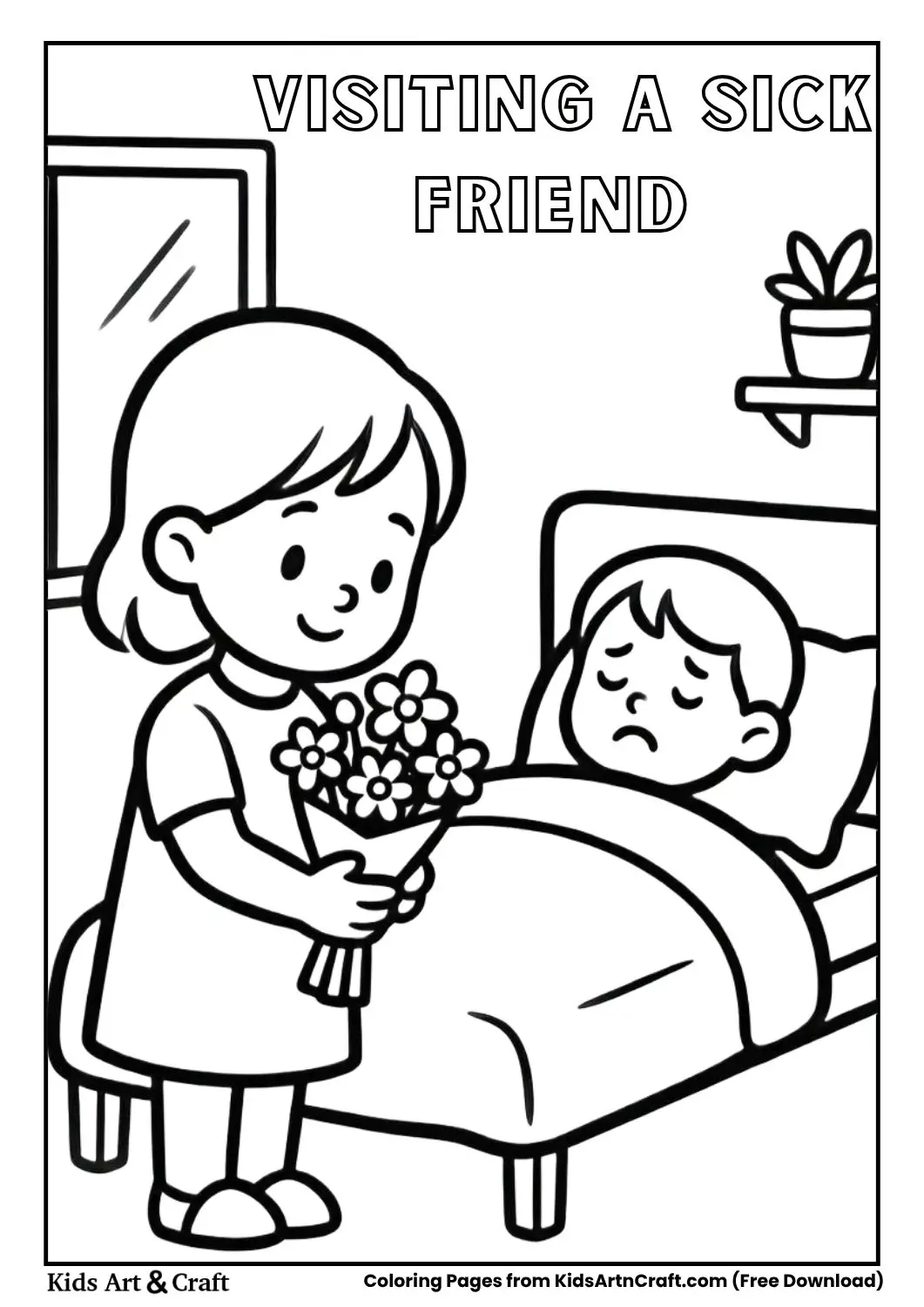 Child visiting a sick friend and giving flowers black and white colouring page for kids