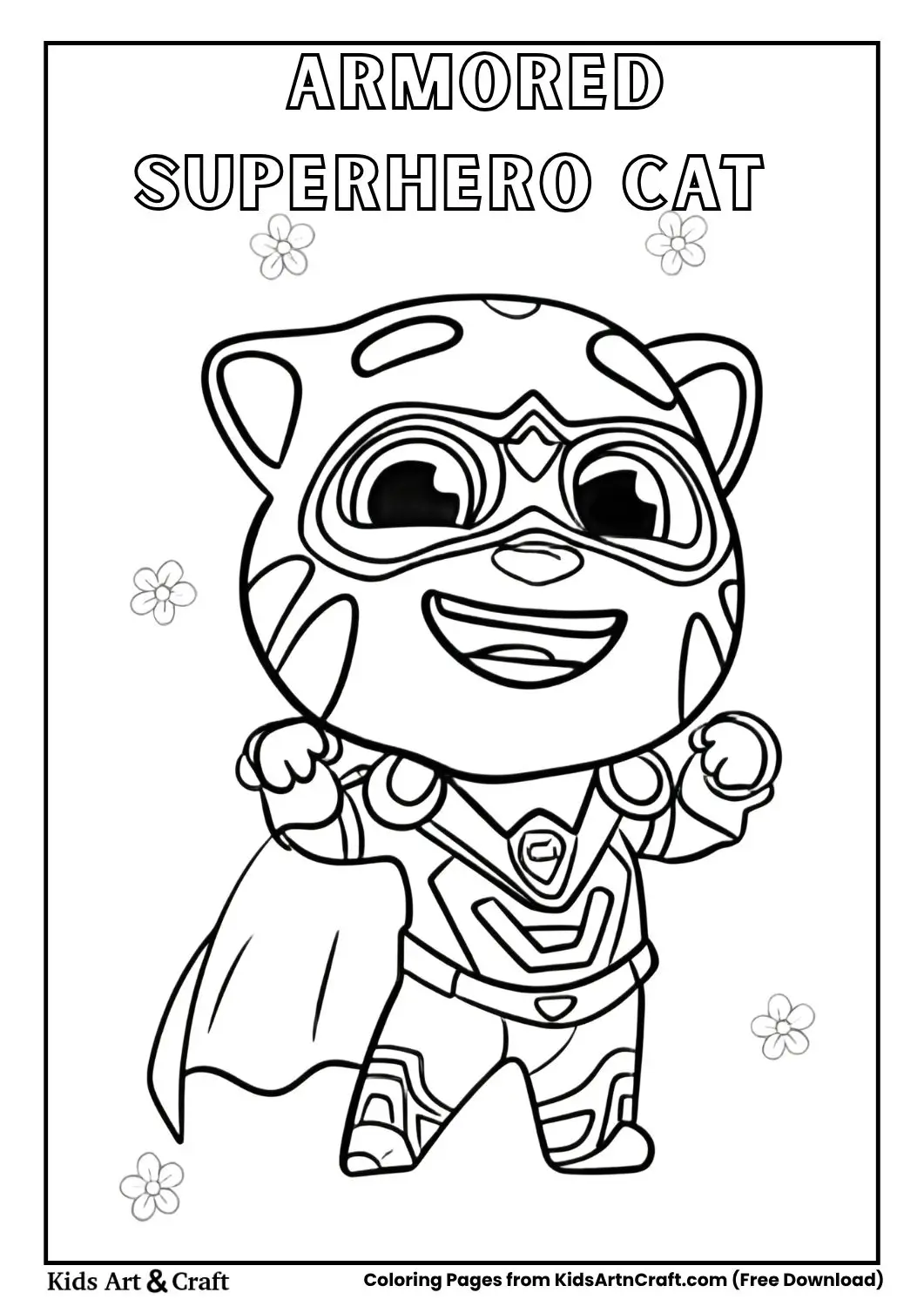 Cartoon cat superhero wearing armor and cape standing with flowers coloring page