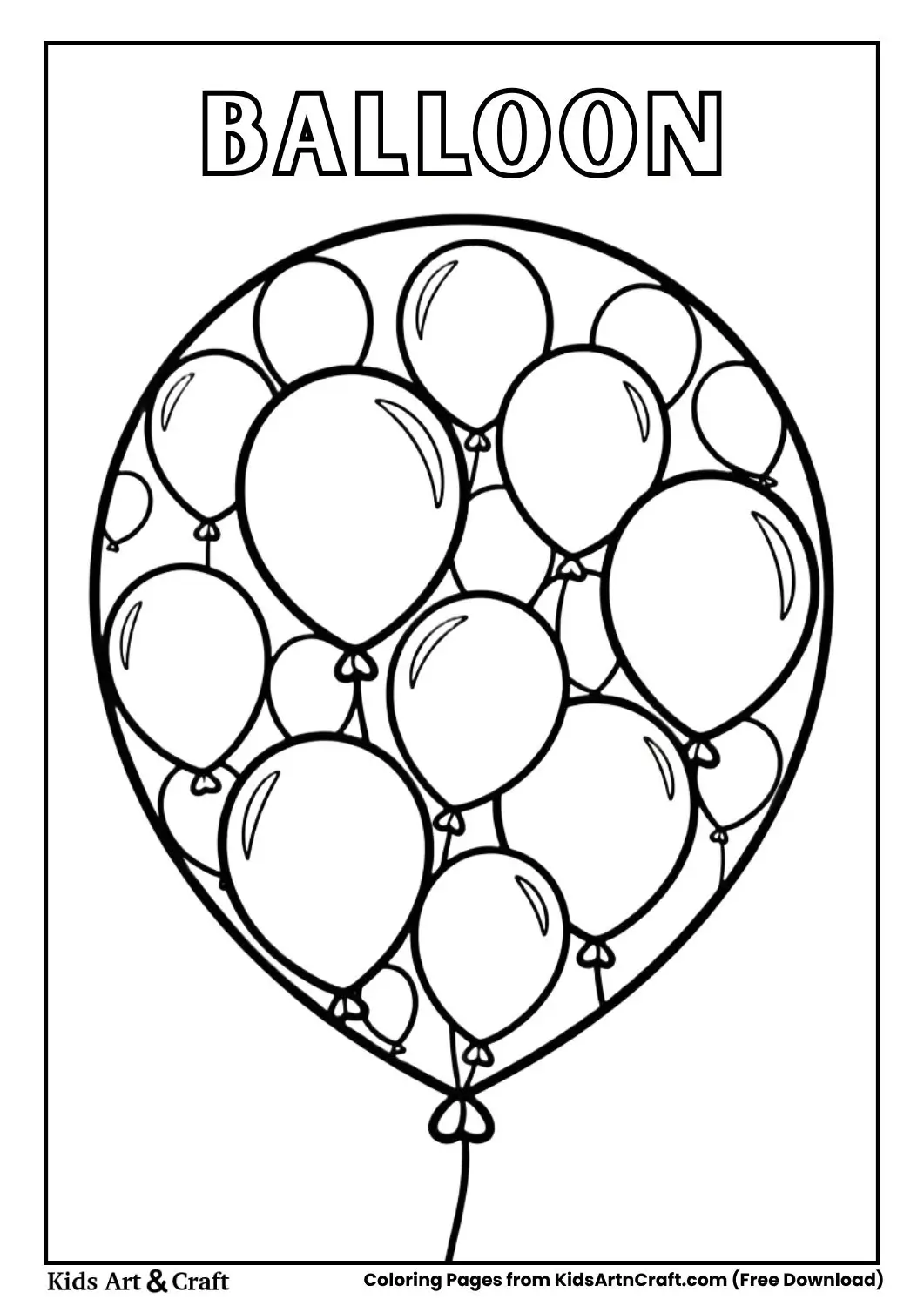 Large balloon made of many small balloons, thin black outline coloring page.