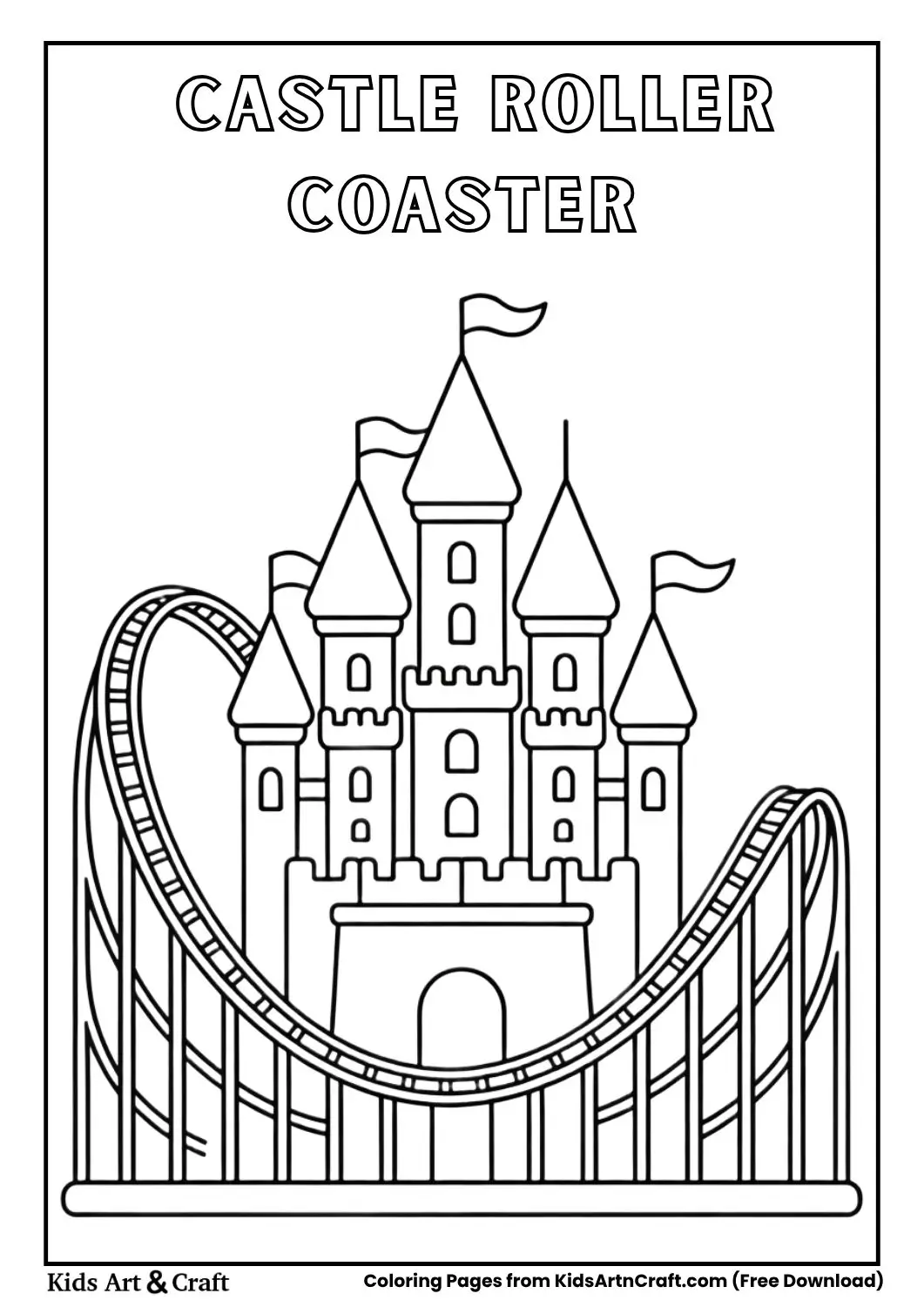 Roller coaster near a castle with towers, simple black and white line art