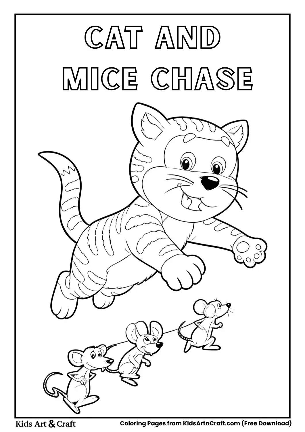 Cartoon cat jumping toward three running mice