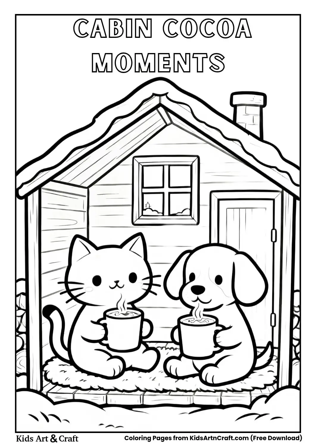 Cat and puppy inside a cabin with hot chocolate