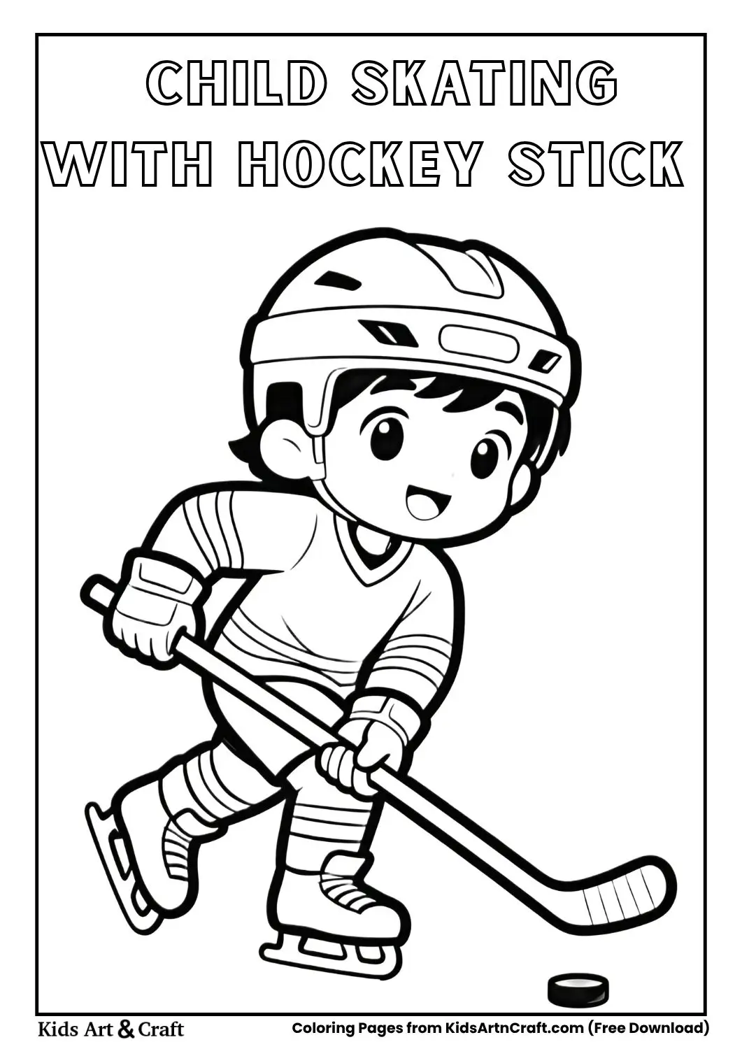 child skating on ice holding hockey stick coloring page