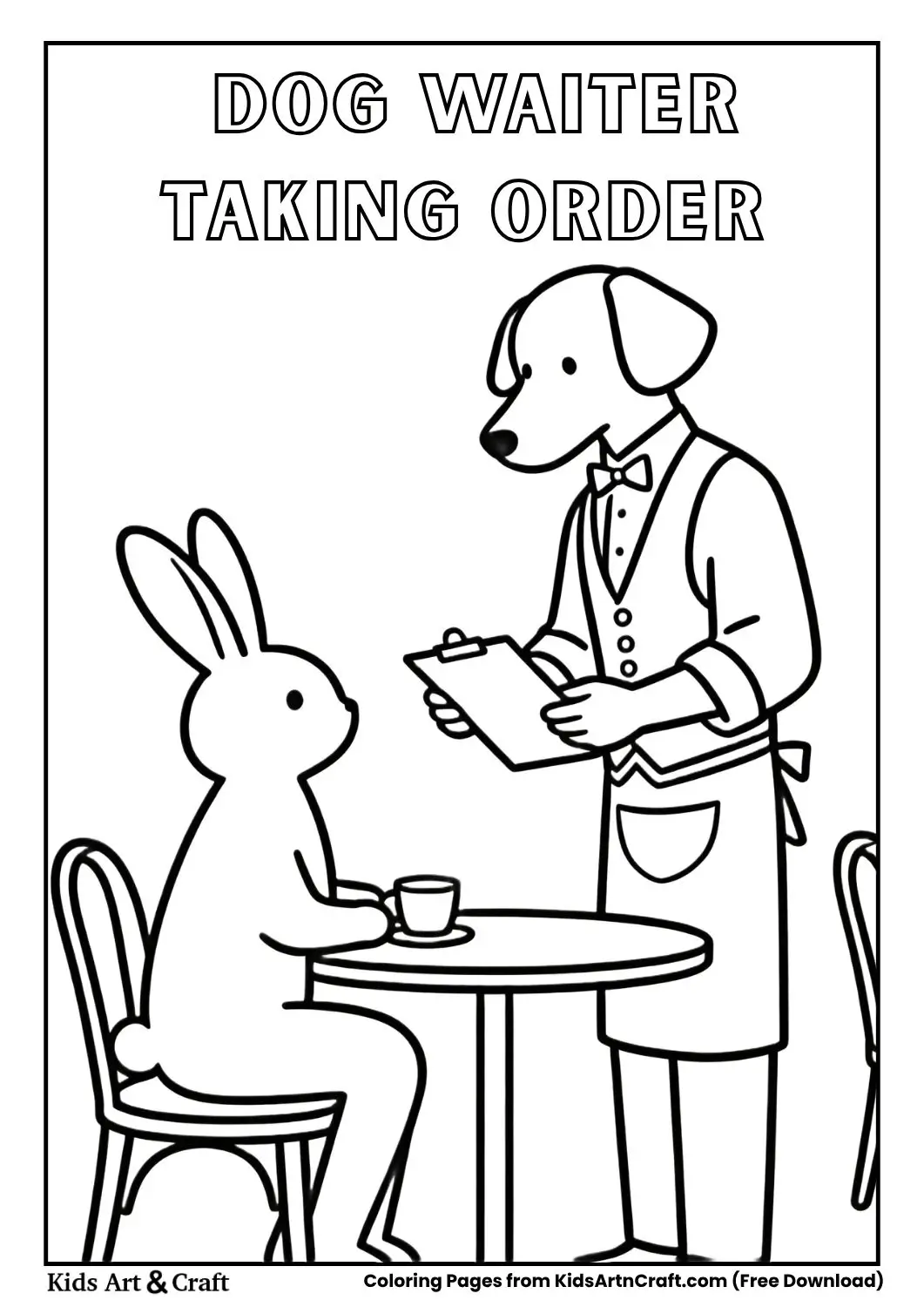 Dog waiter taking order from rabbit at café coloring page