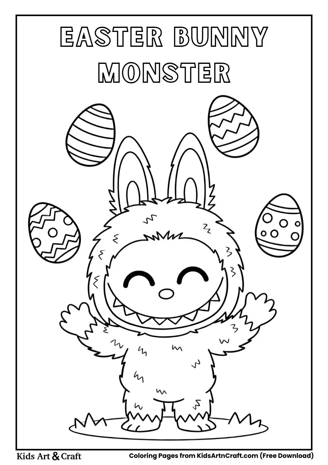 Fluffy monster in bunny costume with Easter eggs floating around