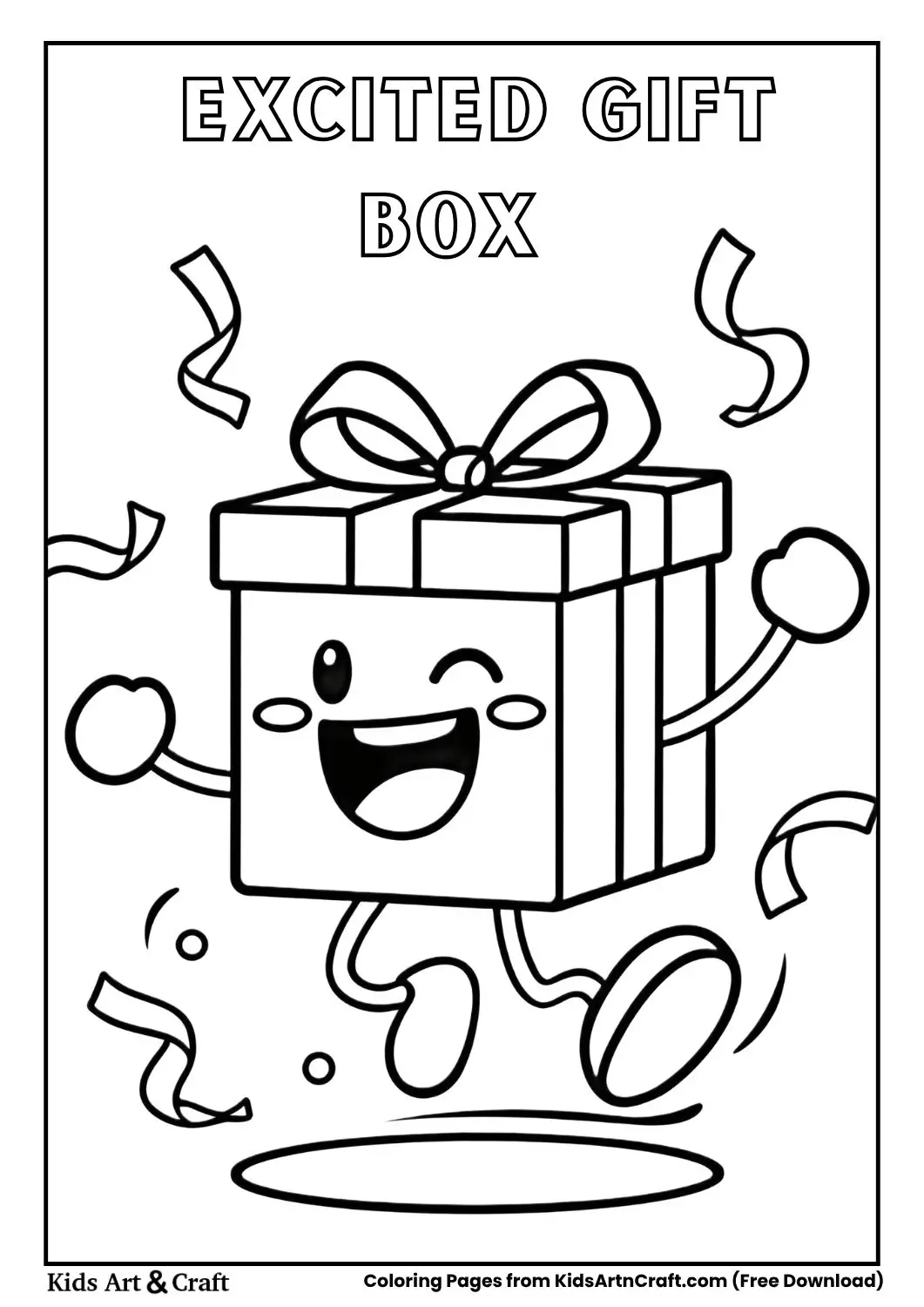 Excited gift box jumping cartoon coloring page