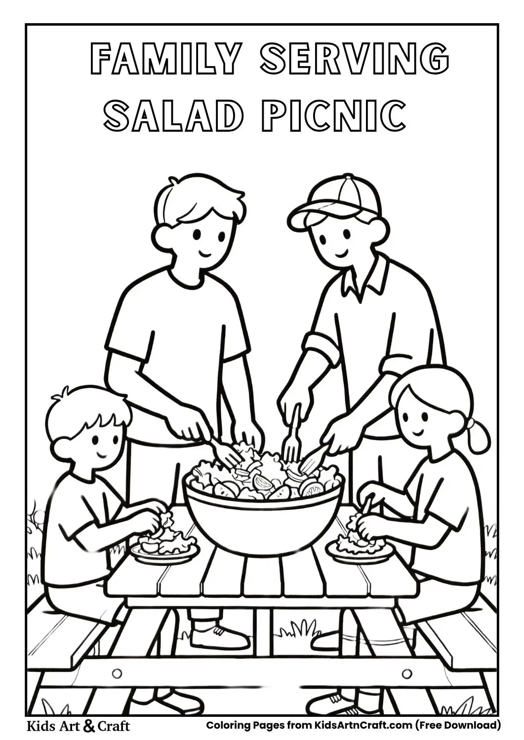 Family serving salad picnic coloring page