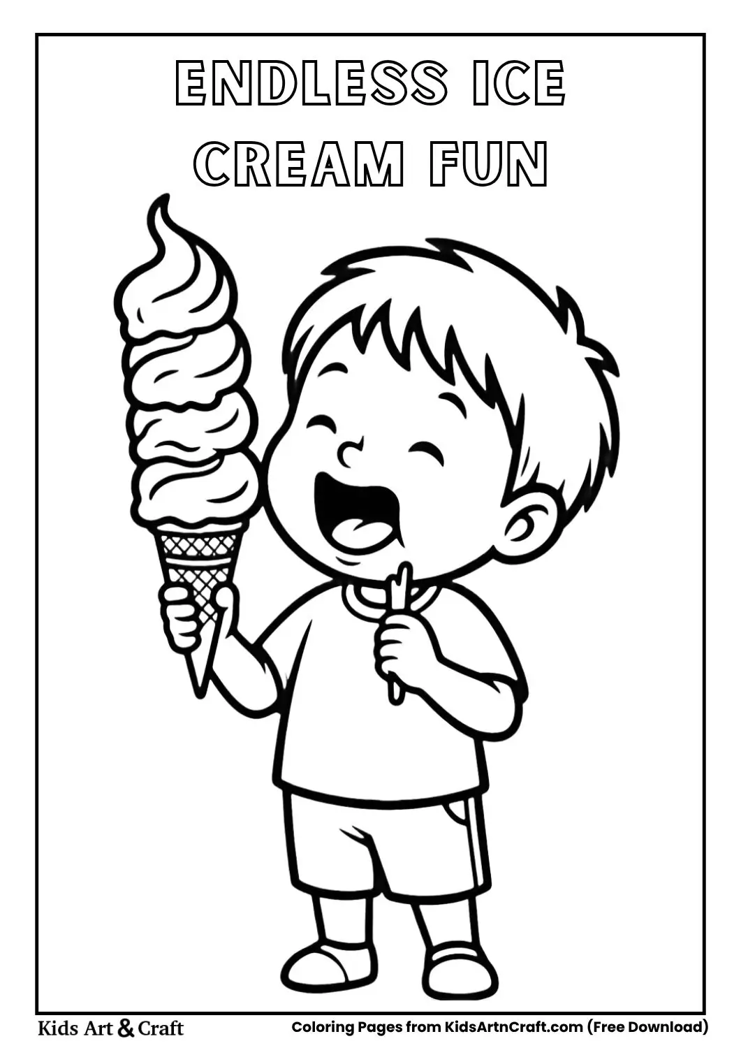Kid eating ice cream that keeps growing taller coloring page