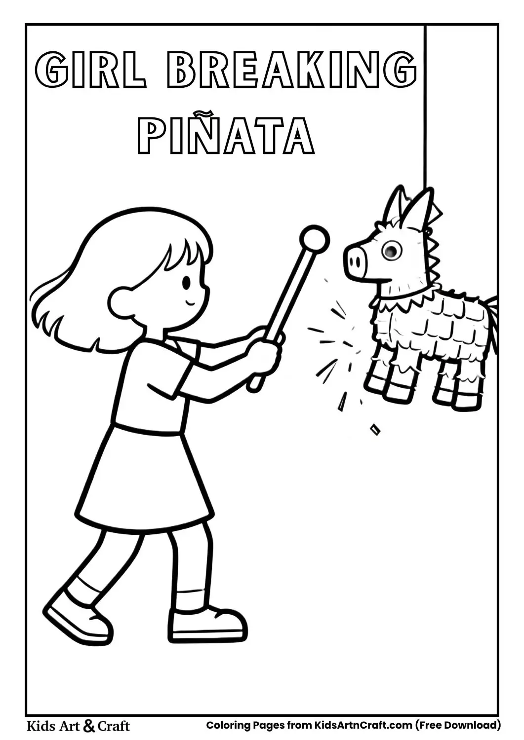 Girl hitting a piñata cartoon coloring page