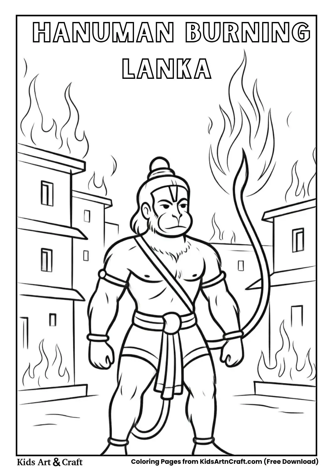 Hanuman burning Lanka simple coloring page for kids