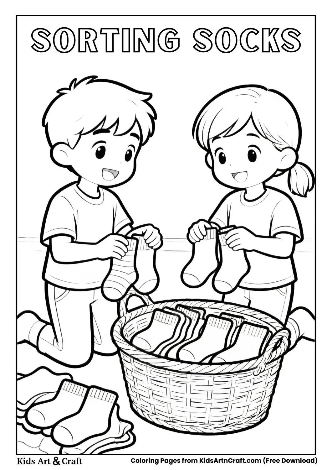 Kids sorting socks into matching pairs, simple coloring page