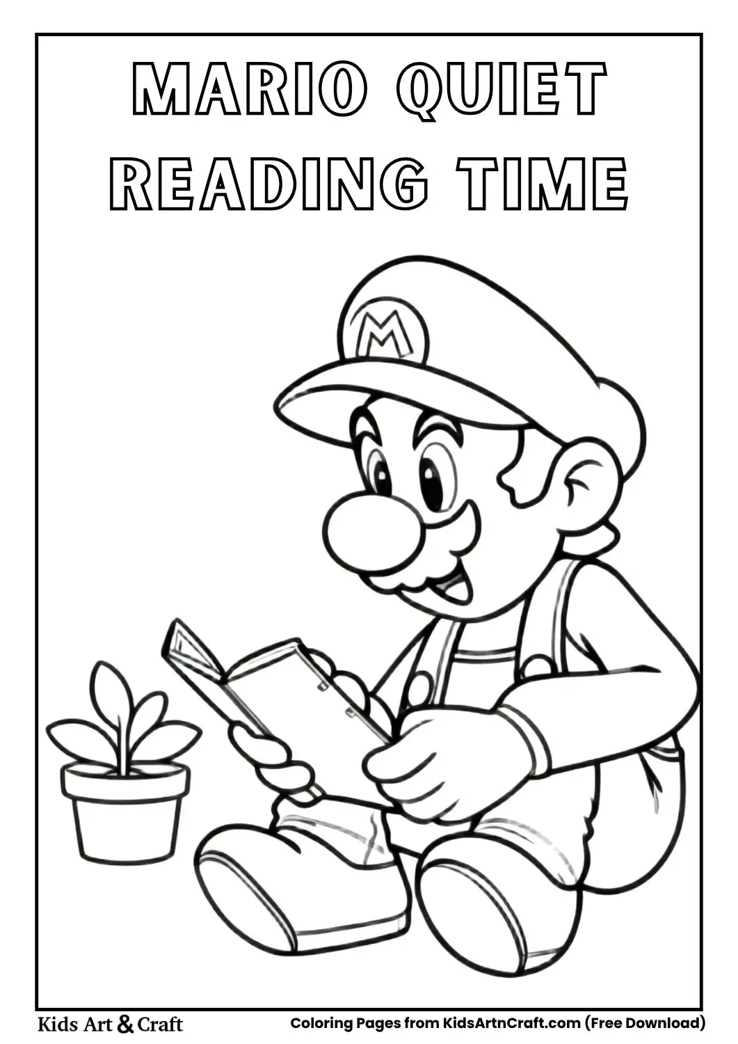 Mario sitting and reading a book with a plant nearby