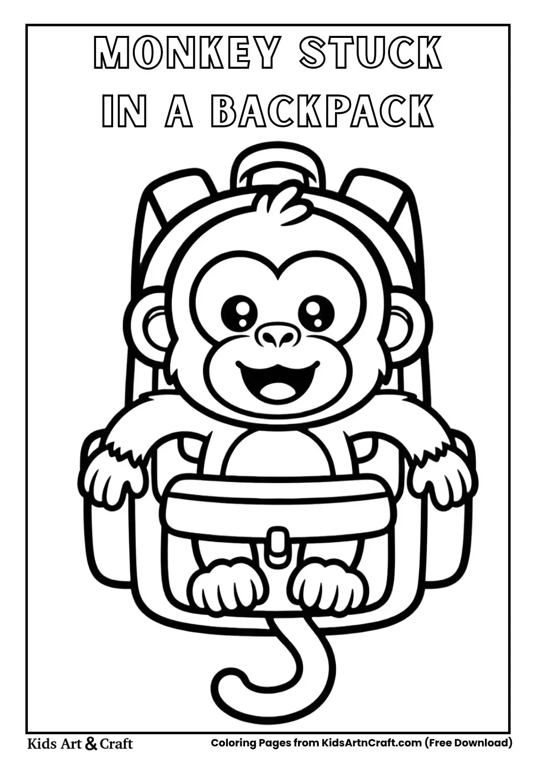 Monkey stuck inside backpack coloring page
