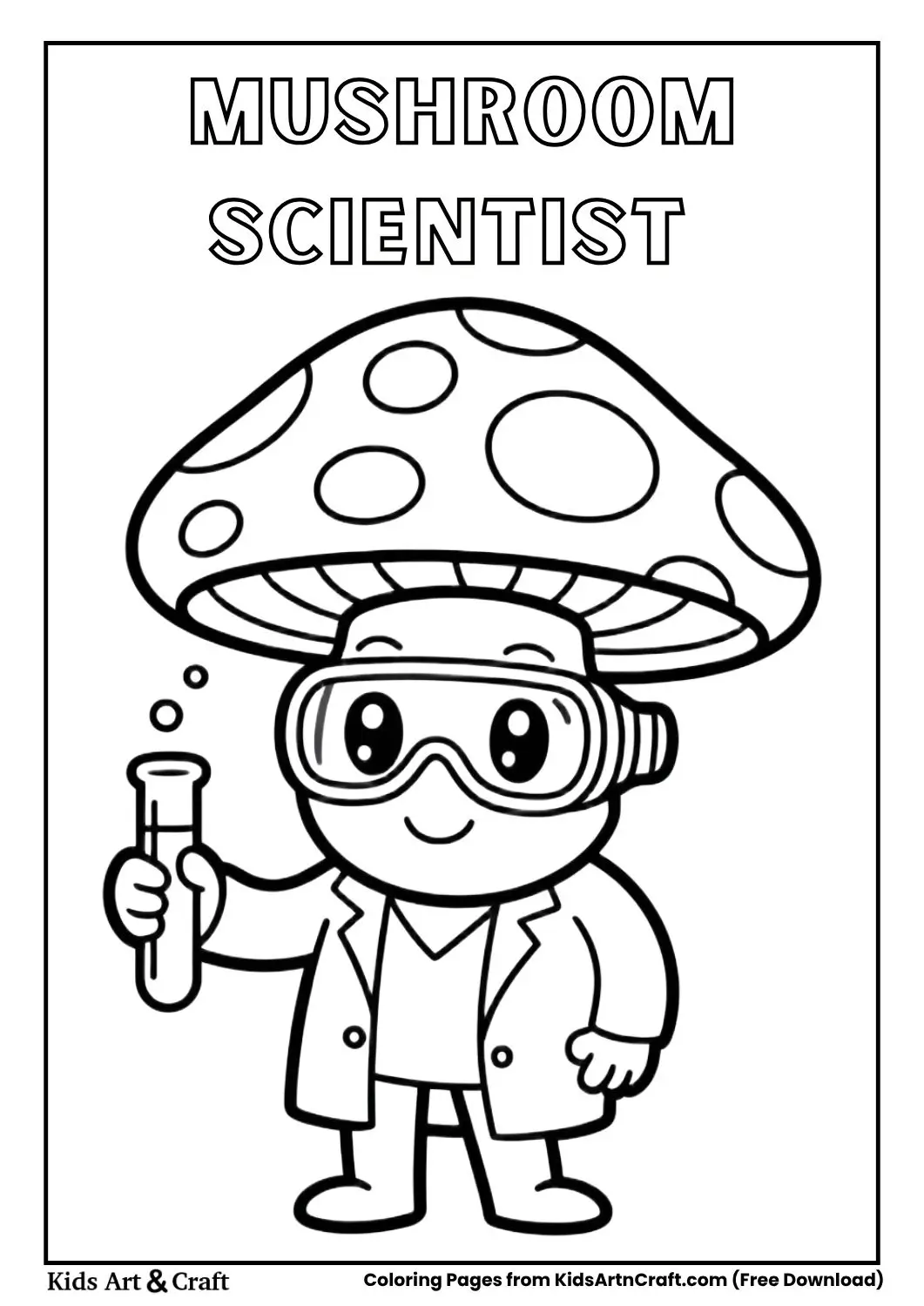 mushroom scientist with test tube coloring page