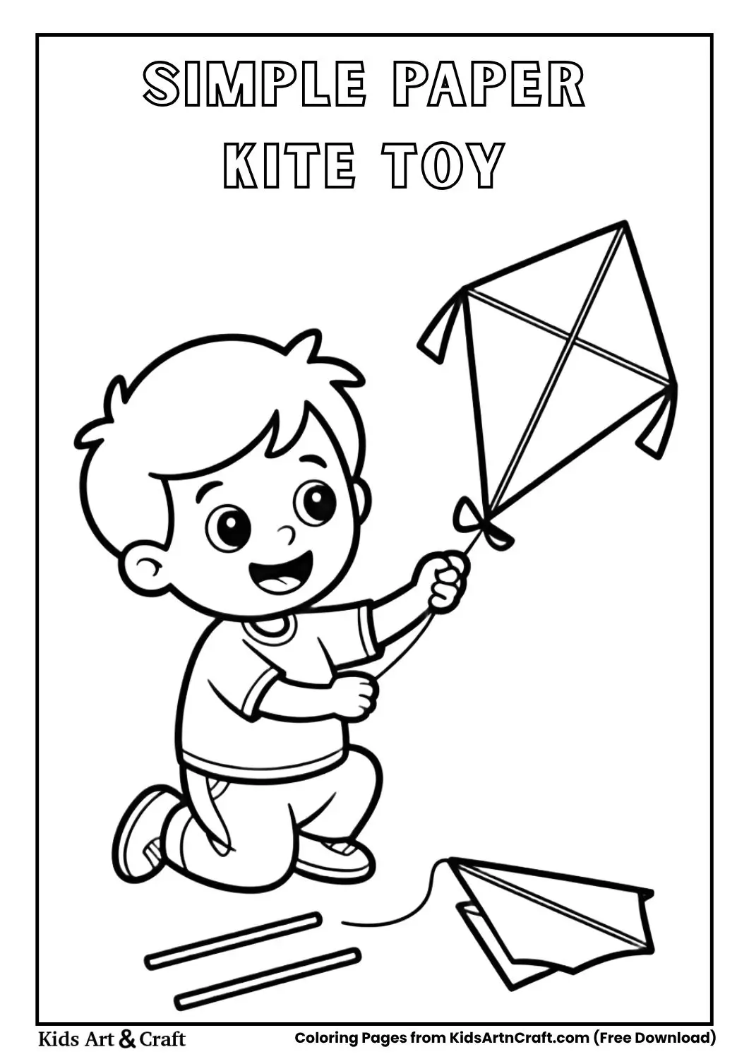 child making and flying paper kite simple coloring page