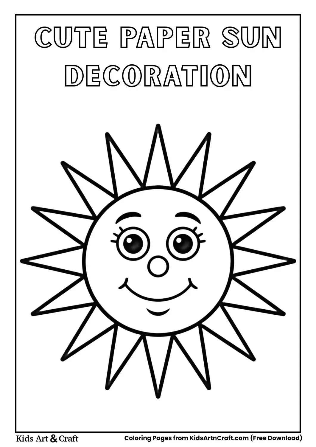 smiling paper sun decoration coloring page with rays for kids