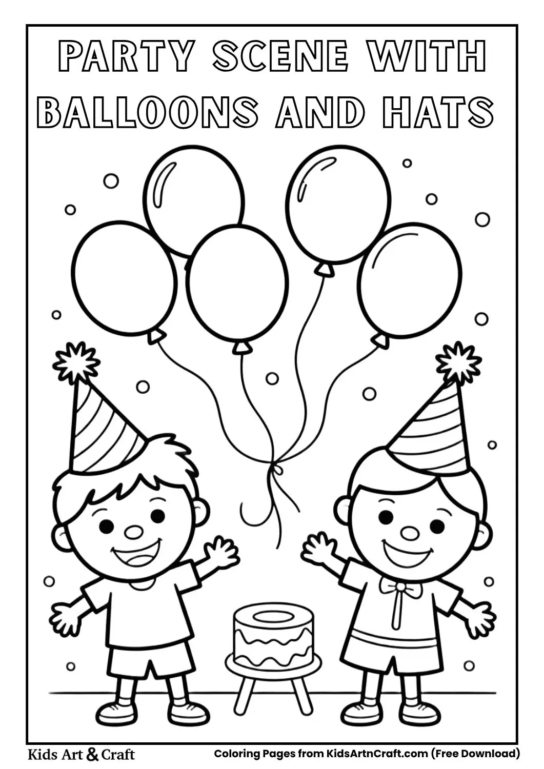 Kids celebrating with balloons and party hats, black and white coloring page