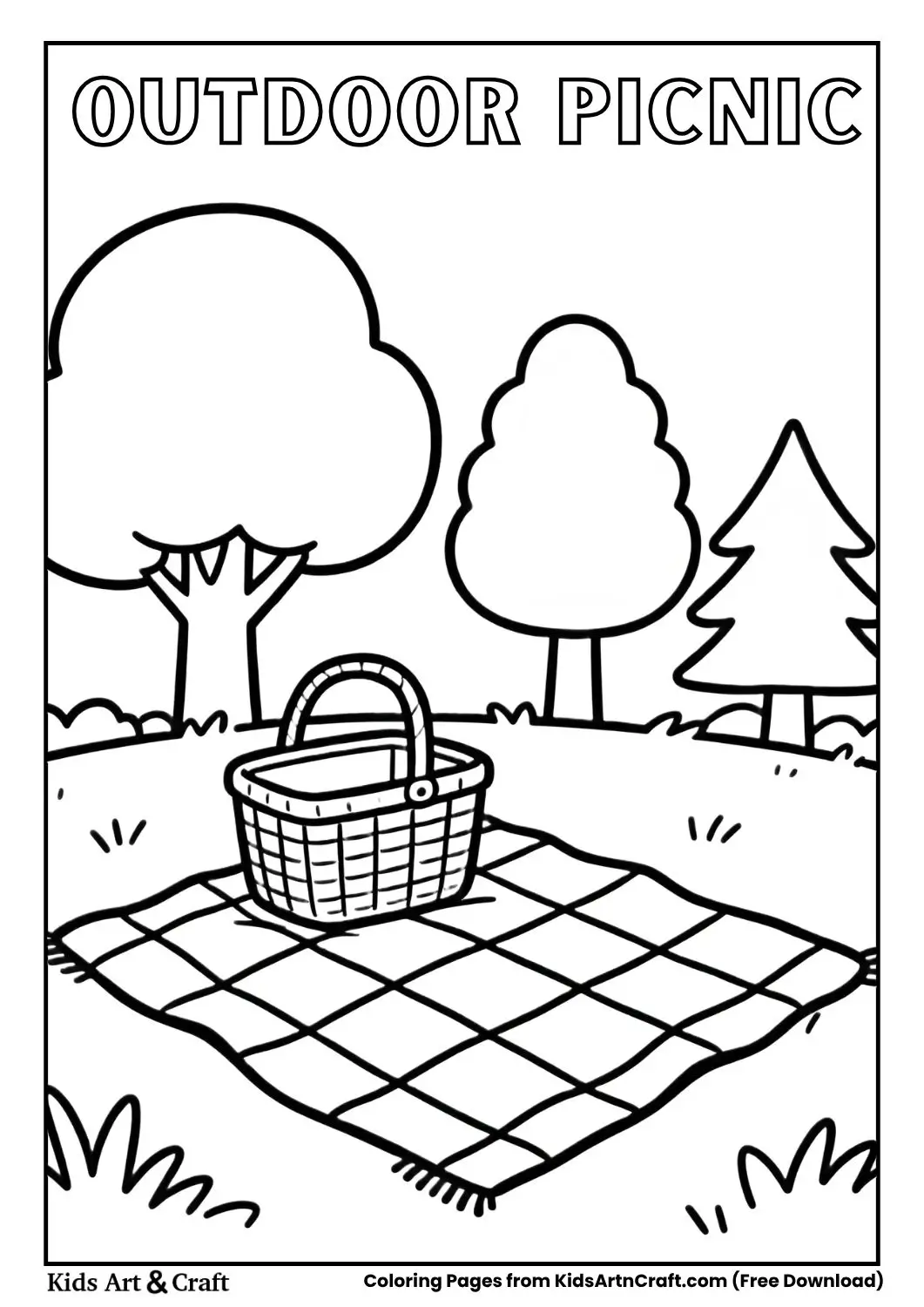 Picnic blanket and basket coloring page