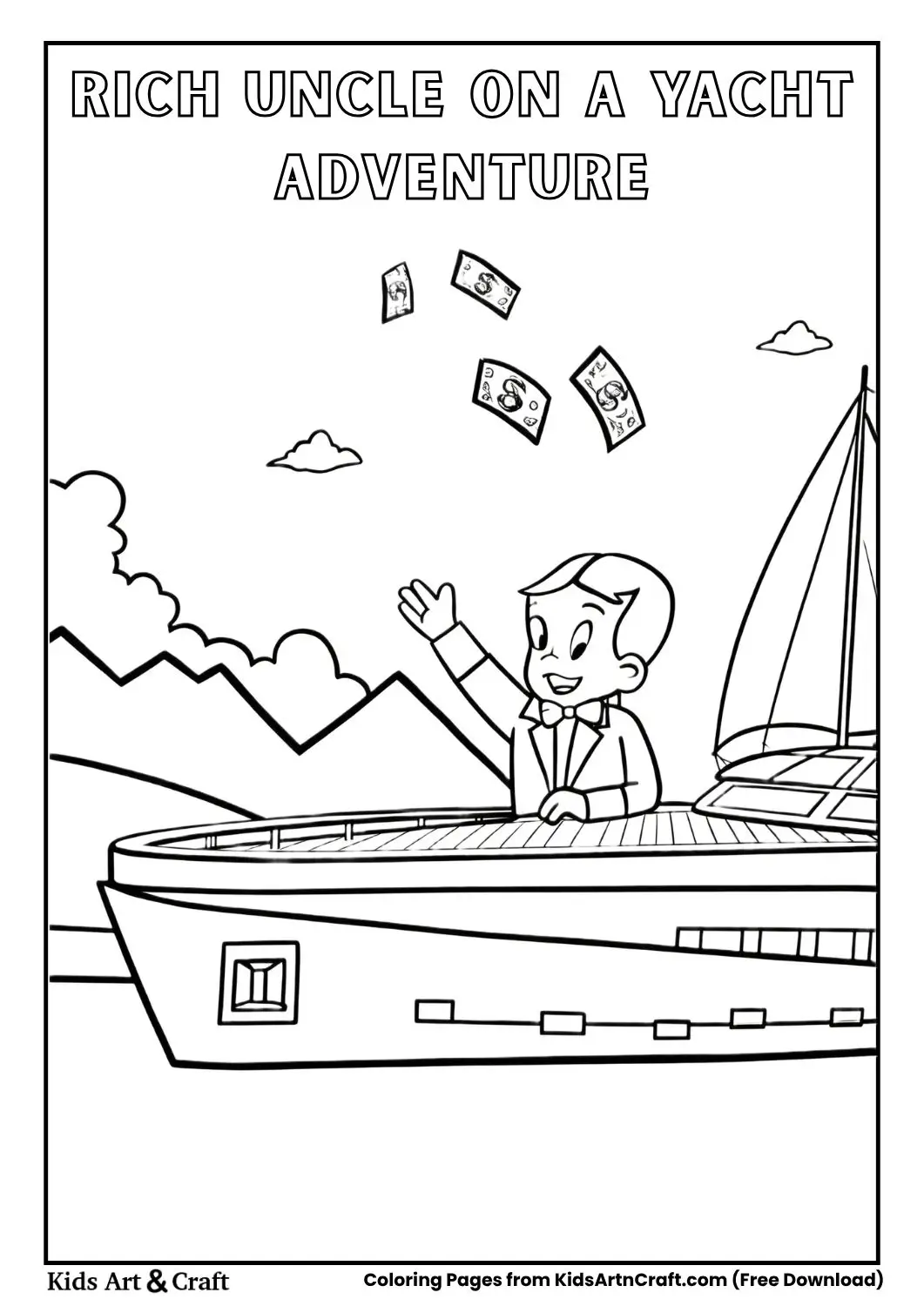 Rich Uncle Pennybags on yacht with falling dollar bills