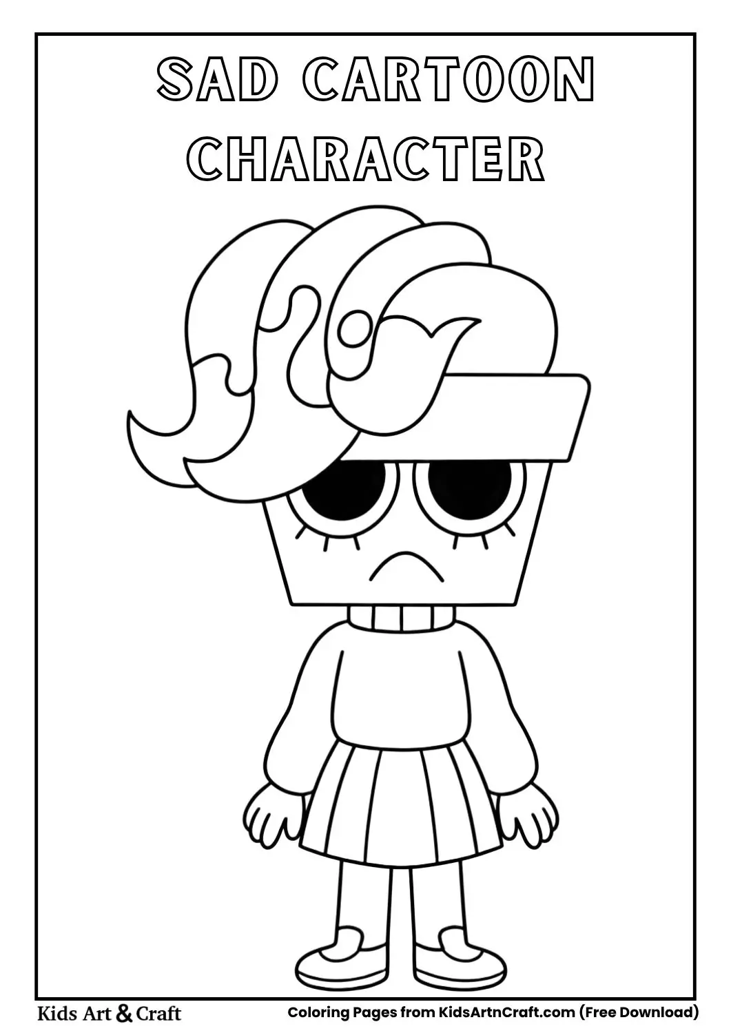sad cartoon character with square head and big eyes