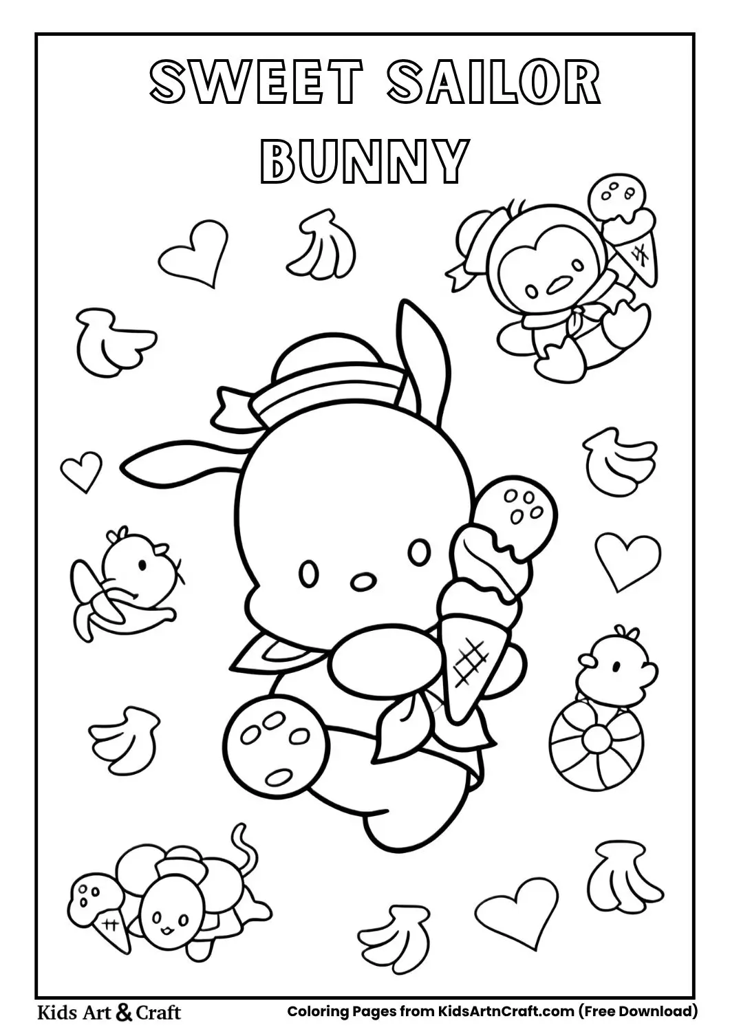 Bunny in sailor outfit with ice cream surrounded by animal friends