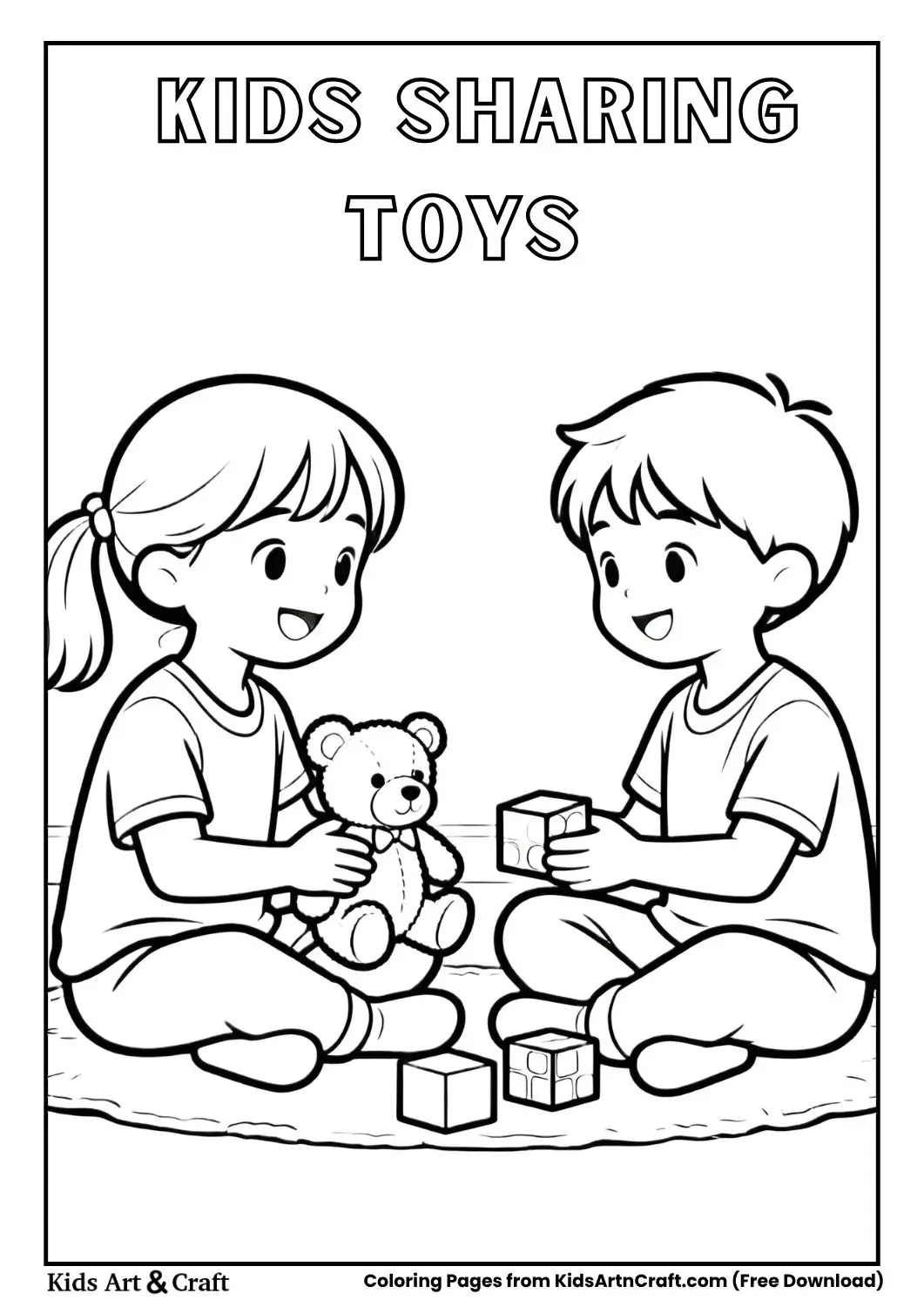 black and white coloring page of children sharing toys while sitting on the floor