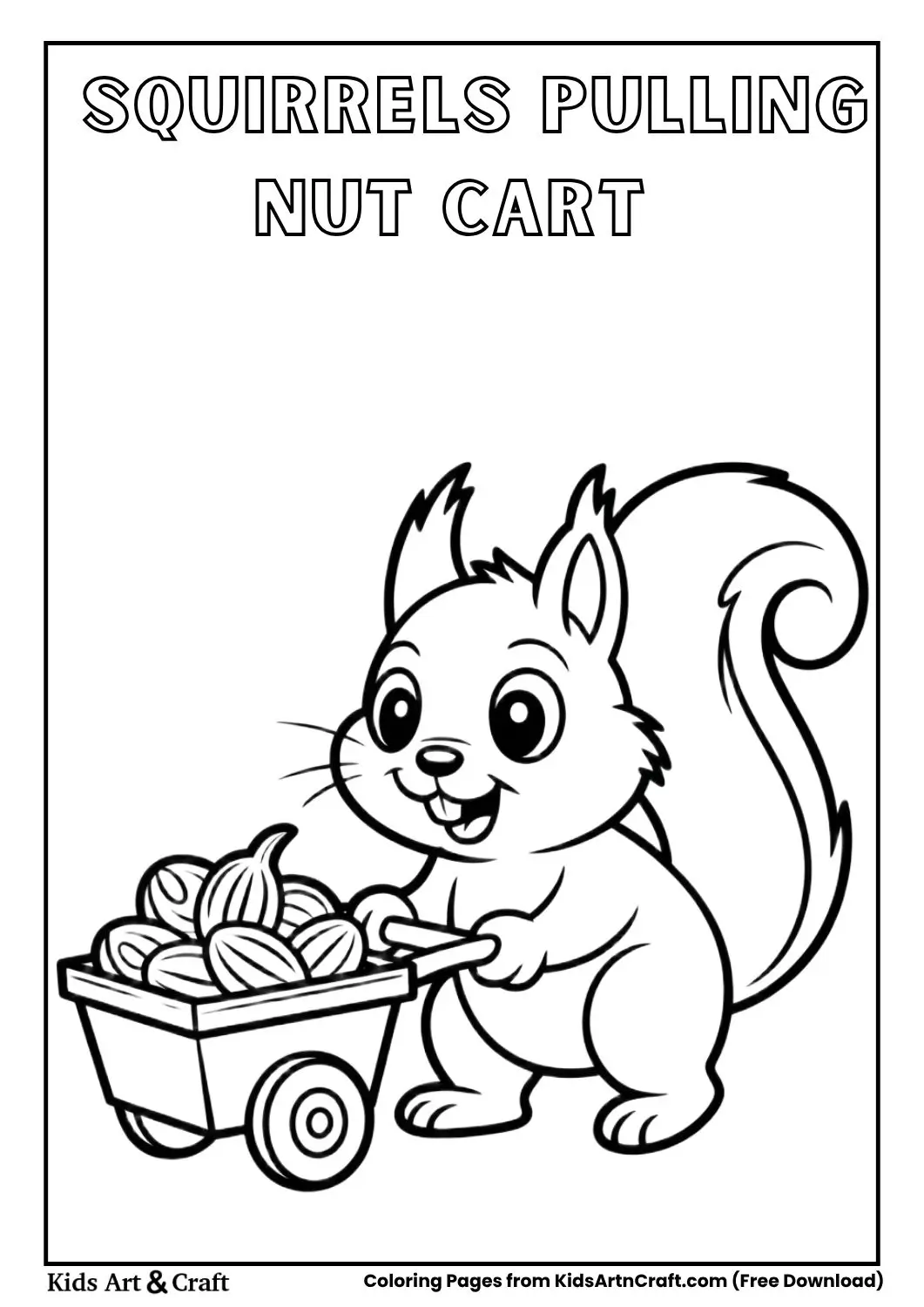 Cute squirrels pulling a tiny cart of nuts coloring page