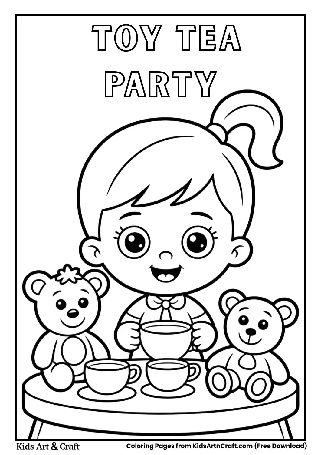 Kid having tea party with stuffed toys coloring page