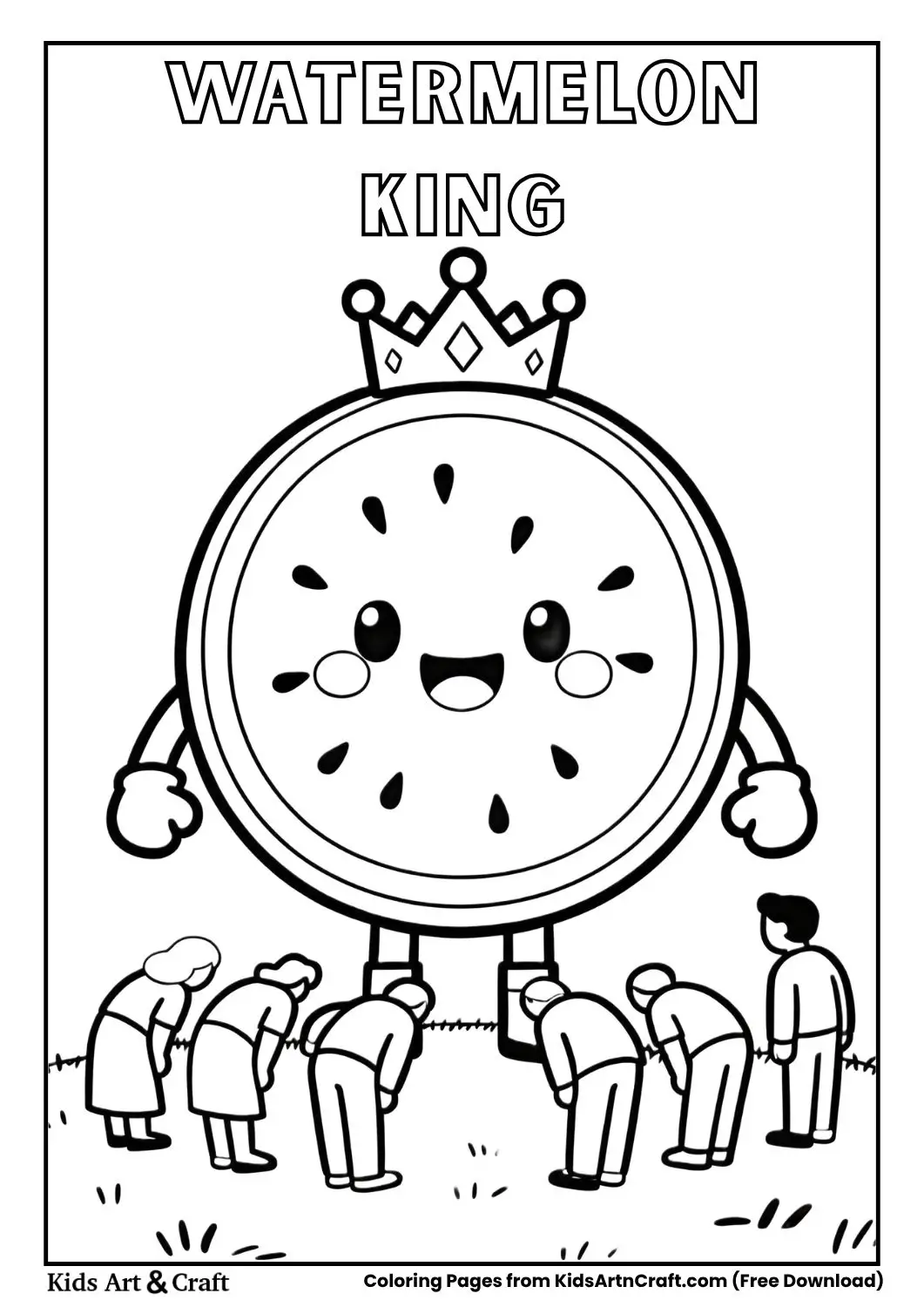 Watermelon king with crown and humans bowing coloring page