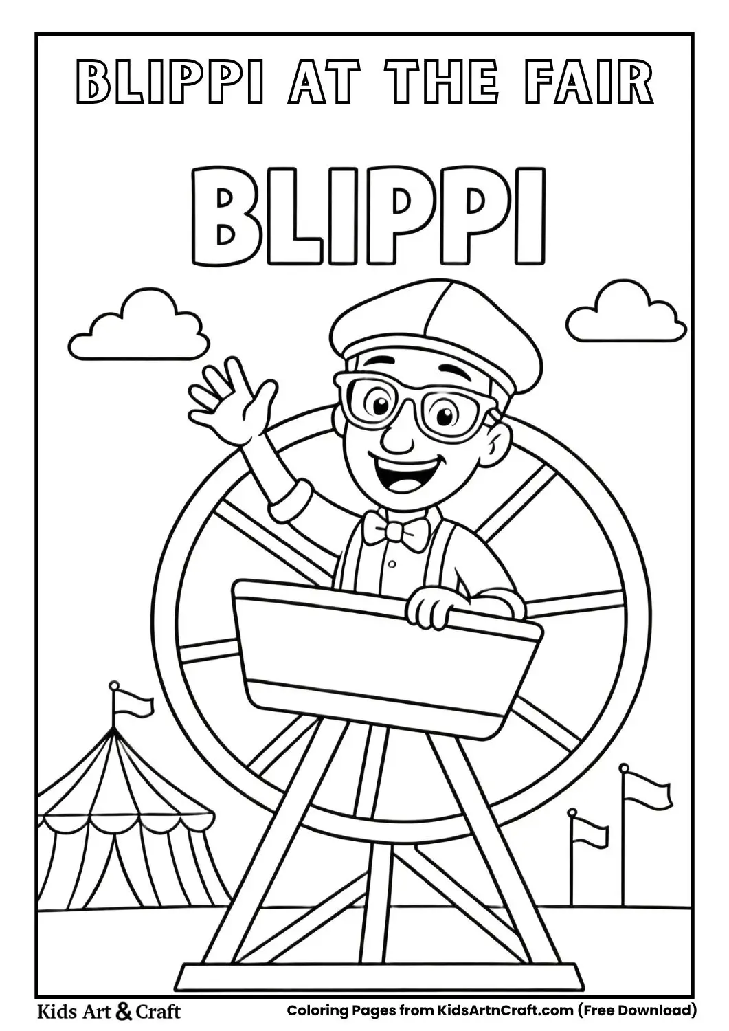 Blippi waving on a Ferris wheel with circus tent background