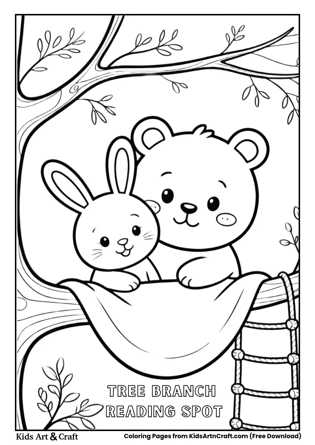 Bunny and Bear reading under blanket on tree branch coloring page