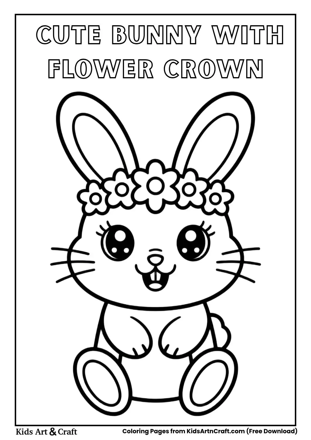 bunny with flower crown kawaii coloring page outline