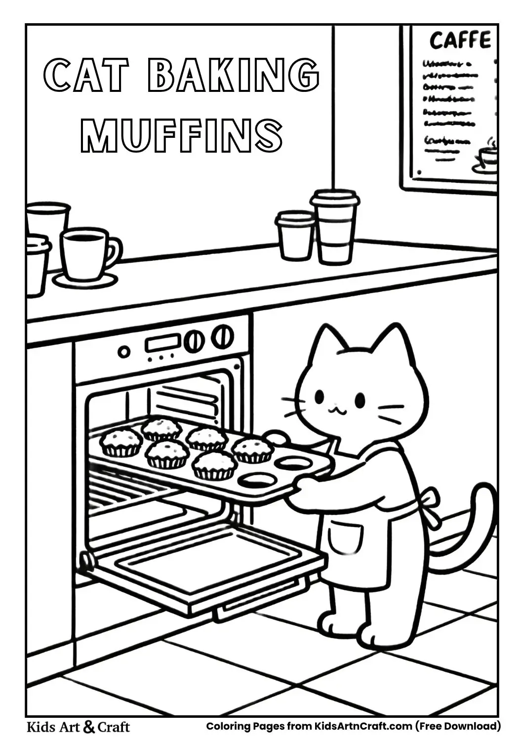 Cat baking muffins in café oven coloring page