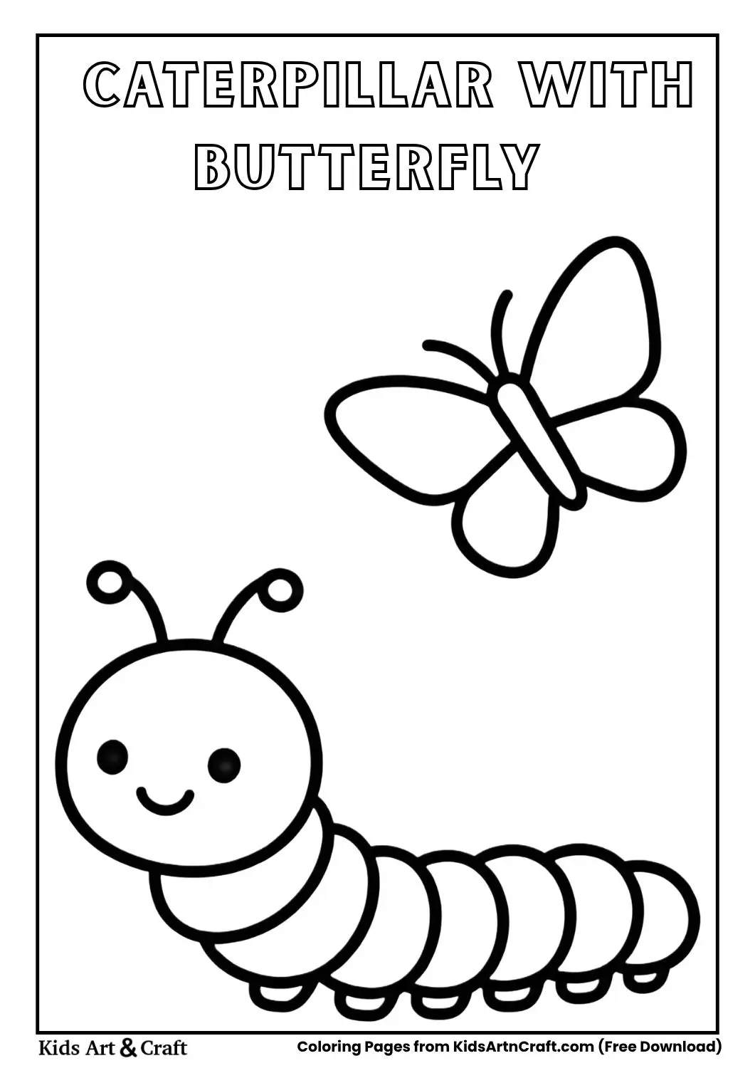 Cartoon caterpillar with a butterfly friend flying above, black and white coloring page