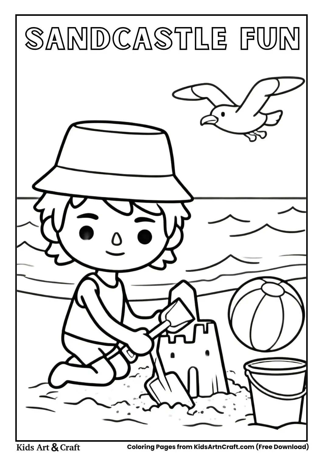 Cartoon child building sandcastle with bucket and shovel at beach