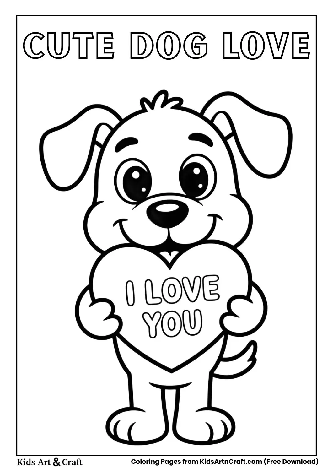 Dog holding heart with I Love You coloring page